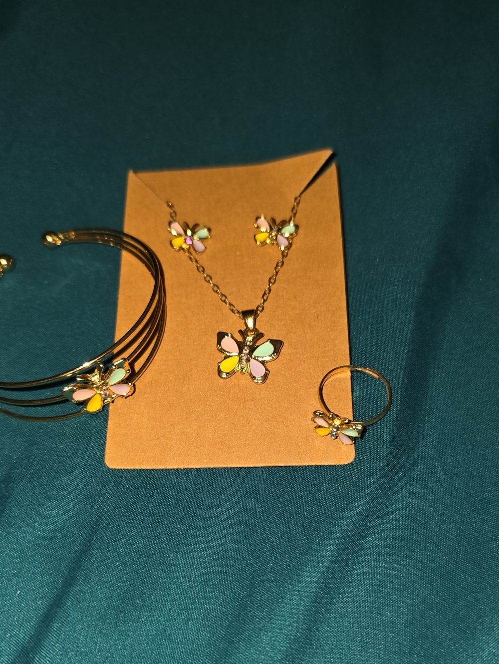 Gold Butterfly Jewelry Set with Pastel Enamel Accents